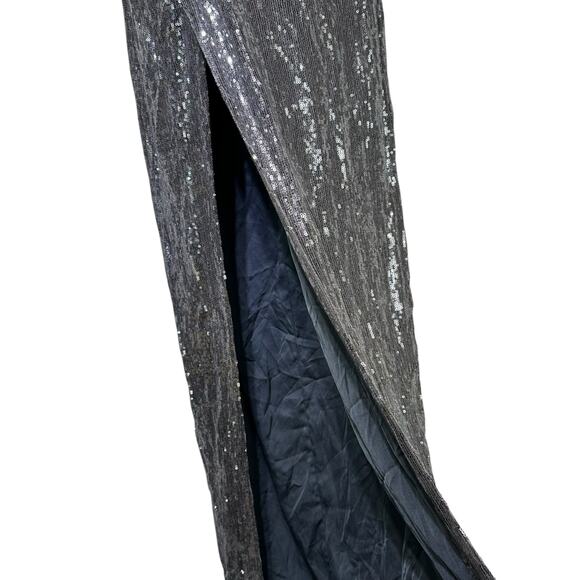 Réve Riche Sequin Gown Silver Maxi Dress Spaghetti Strap Slit Glam Formal Sz 38 - Picture 4 of 9